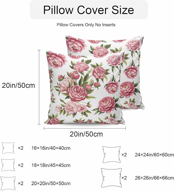 Pink Floral Outdoor Pillow Covers 20x20 Inch Throw Pillow Covers Set of 2 Waterproof Decorative Pillow Cases Pastoral Botanical Leaves Farmhouse Rustic Cushion Covers for Patio Furniture Garden Couch