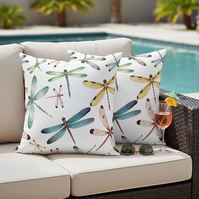 Dragonfly Outdoor Pillow Covers 26x26 Inch Throw Pillow Covers Set of 2 Waterproof Decorative Pillow Cases Watercolor Colorful Nature Painting Art Cushion Covers for Patio Furniture Garden Couch Sofa