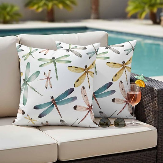 Dragonfly Outdoor Pillow Covers 20x20 Inch Throw Pillow Covers Set of 2 Waterproof Decorative Pillow Cases Watercolor Colorful Nature Painting Art Cushion Covers for Patio Furniture Garden Couch Sofa