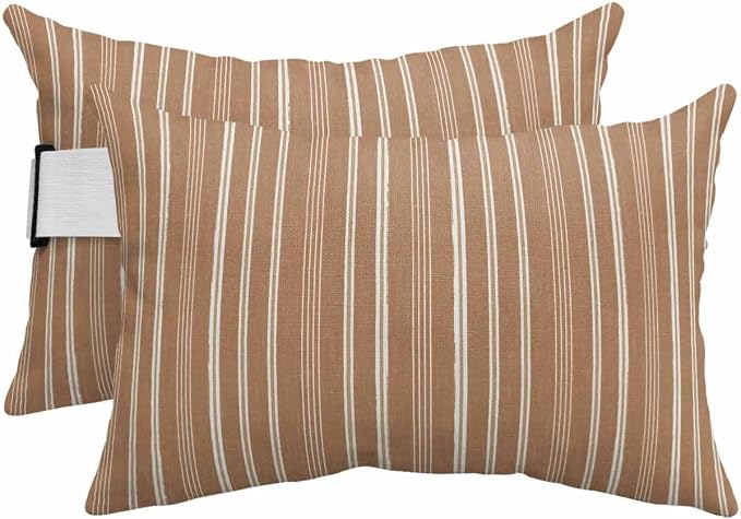 Pack of 4 Outdoor Lumbar Pillow Covers 12x20 Inch, Brown Striped Waterproof Throw Pillow Covers Set, Farmhouse Stripes Modern Vintage Indoor&Outdoor Decorative Cushion Cases for Patio Porch Car