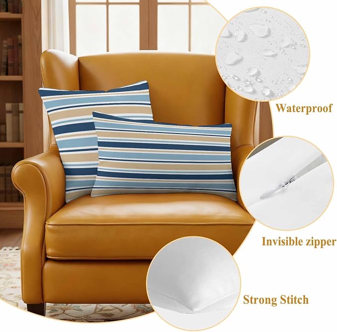 Blue Khaki Striped Outdoor Pillow Cover 24x24 Inch Cushion Sham Case, Farmhouse Stripes Modern Abstract Art Waterproof Decorative Square Throw Pillowcase for Outside Garden Patio Porch Couch Chair