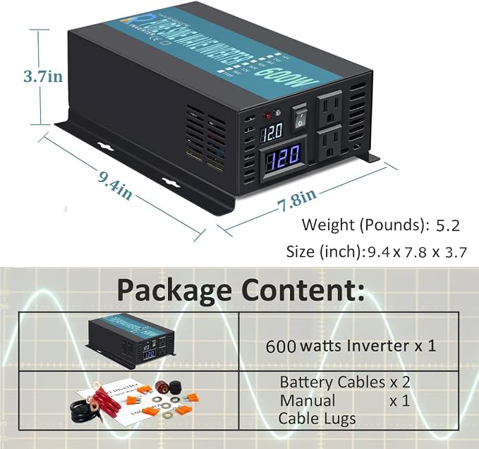 WZRELB Pure Sine Wave Inverter 600Watt 12V DC to 120V AC Power Converter 1200W Surge