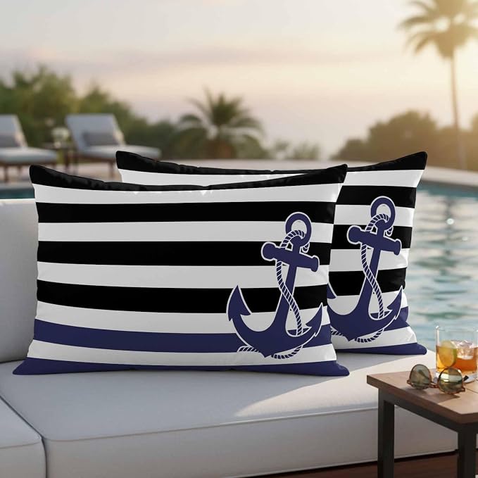 Lumbar Pillow Covers 20x12 Inch Set of 2, Anchor Black Waterproof Outdoor Cushion Covers, Modern Navy Blue White Striped Nautical Decorative Pillowcases for Couch, Sofa, Bed, Garden, Patio