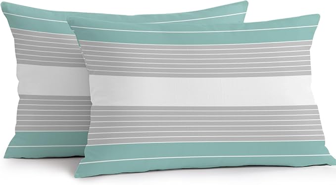 Turquoise Grey Stripe Outdoor Pillow Covers Waterproof, All Weather Cushion Case Set of 2, Modern Art Horizontal Striped Lumbar Pillowcase for Sofa Couch Bed Decor Patio Furniture 20"x12"