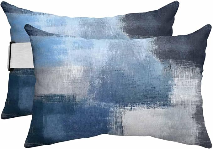 Pack of 2 Outdoor Lumbar Cushions with Inserts, Blue Grey Abstract Art Overlaid Gradient Texture Waterproof Fluffy Fade Body Pillows, Patio Furniture Pillow for Home Balcony Garden Decor 11x16IN