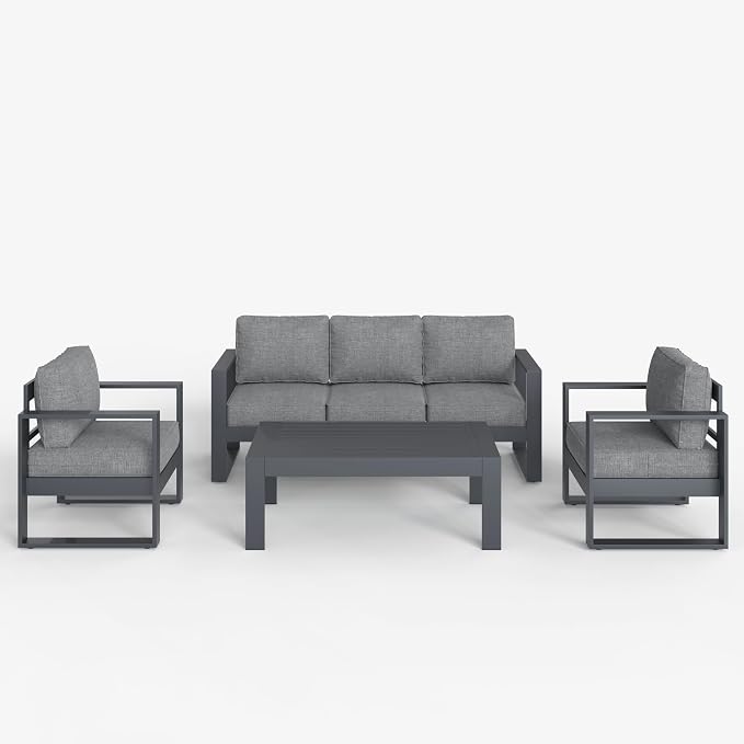 LayinSun 4 Pieces Aluminum Outdoor Patio Furniture Set, Metal Modern Conversation Sofa Set with Coffee Table and Washable Thick Cushions for Porch, Backyard, Deck
