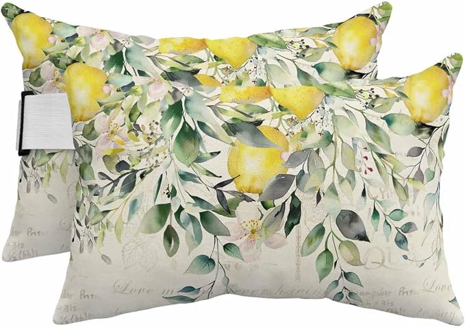 Lumbar Pillow Covers Set of 2, Summer Lemon Waterproof Outdoor Chaise Lounge Pillow Covers with Elastic Strap, Spring Eucalyptus Leaves Botanical Vintage Headrest Pillowcase for Patio, 11 x 16