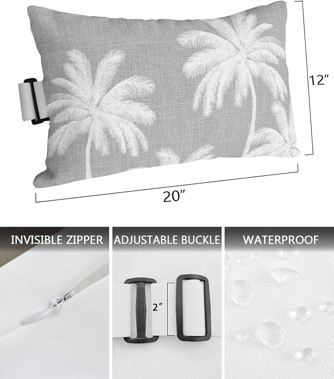 Pack of 2 Outdoor Lumbar Pillow Covers 12x20 Inch, Grey Palm Trees Waterproof Throw Pillow Covers Set, Farmhouse Tropical Summer Beach Indoor&Outdoor Decorative Cushion Cases for Patio Porch Car
