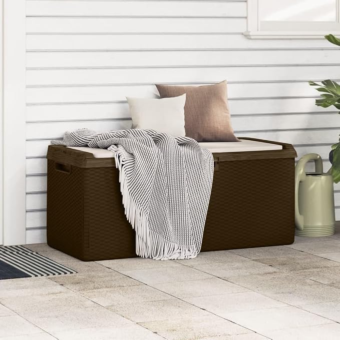 Patio Storage Box with Seat Cushion, 92.5 Gallon Outdoor Deck Box for Garden Tools and Yard Accessories, Durable Polypropylene Rectangular Storage Bench for Terrace, Brown