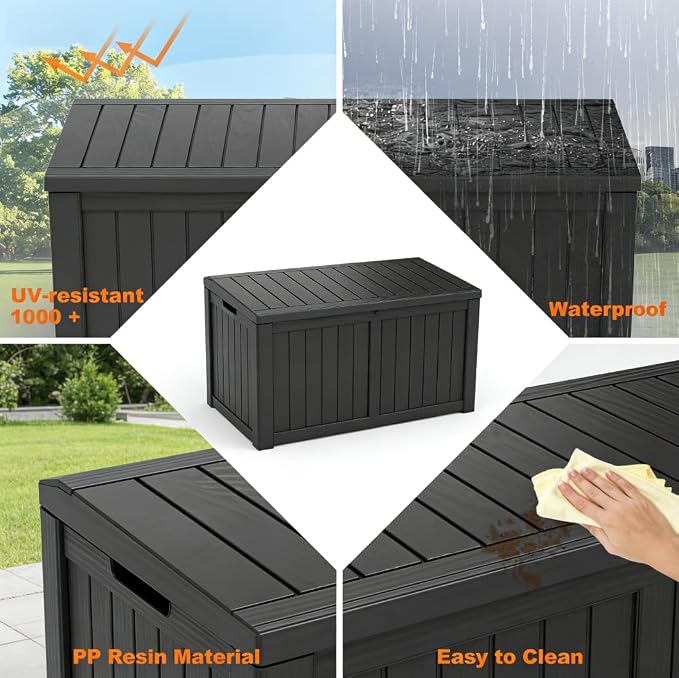 120 Gallon Waterproof Resin Outdoor Storage Box, Lockable & UV Resistant | Patio Deck Boxes, Outside Storage for Patio Cushions, Pool Toys, Garden Tools & Package Delivery, Black