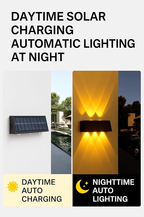 Solar Wall Lights Outdoor Waterproof 2 Pack, Up & Down Solar Fence Lights, Dusk to Dawn Decorative Solar Lights Outdoor for Fence Deck Step Porch Patio, Warm White LED, Easy Install