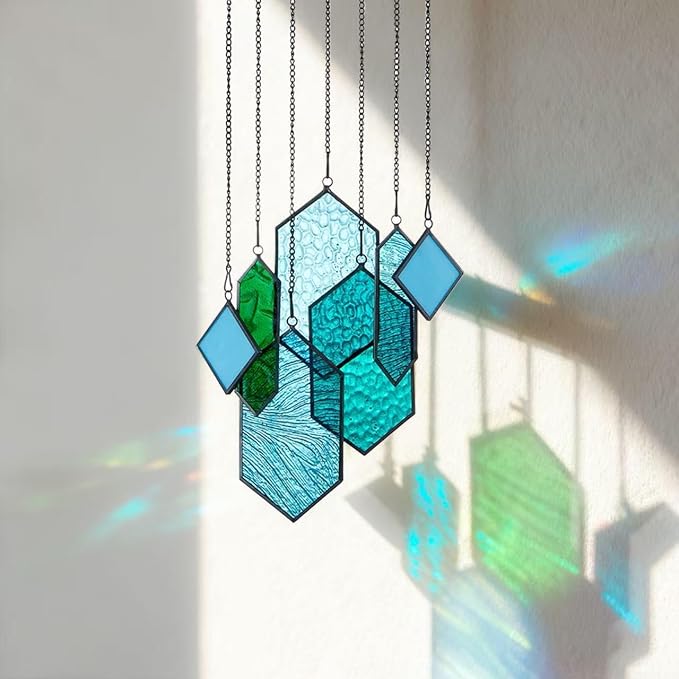 Stained Glass Window Hanging, Crystal Suncatcher, Blue-Green | Rswardeleco Stained Glass Window Hanging, Crystal Suncatchers for Windows, Blue Green Home Wall Art, Gift for Couples