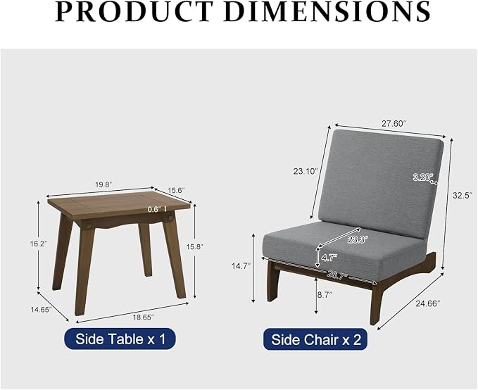 Pia Ricoo 3 Piece Patio Bistro Set with Patio Chairs and Table, Heavy Duty Wood Patio Furniture Set, All-Weather Outdoor Chairs for Balcony, Deck, Poolside, Porch - Gray