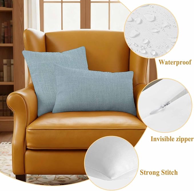 Outdoor Waterproof Throw Pillow Covers Set of 2 Blue Linen Lumbar Pillowcases 20x12 Inches Farmhouse Pure Color Decorative Pillows Cushion Case Patio Pillows for Couch Bed Chair Garden