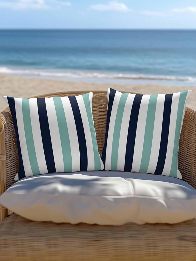 Outdoor Pillows Waterproof, Turquoise Navy Blue Striped Bedding Throw Pillows with Insert for Couch Sofa Bed, Farmhouse Stripe Art 18x18 Inch Pillowcases Camping Patio Pillow Set of 2