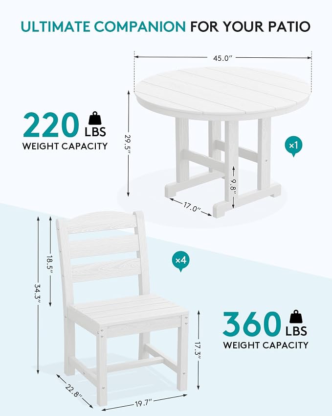 SERWALL 6-Piece Patio Dining Sets, HDPE Outdoor Table and Chairs Furniture Set with Umbrella, 45" Round Dining Table & 4 Armless Dining Chairs & 1 9FT Umbrella, White(Not Include Umbrella Base)