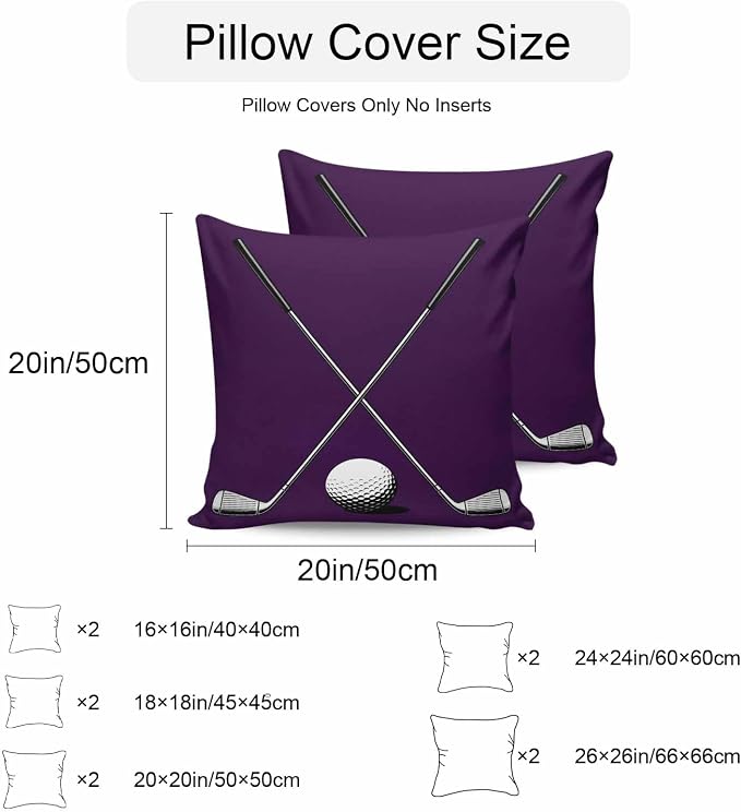 Vandarllin Outdoor Throw Pillows Covers 24x24 inch Set of 2 Waterproof Golf Ball Club Decorative Zippered Cushion Covers for Patio Furniture, Game Sports Purple Lumbar Pillowcases