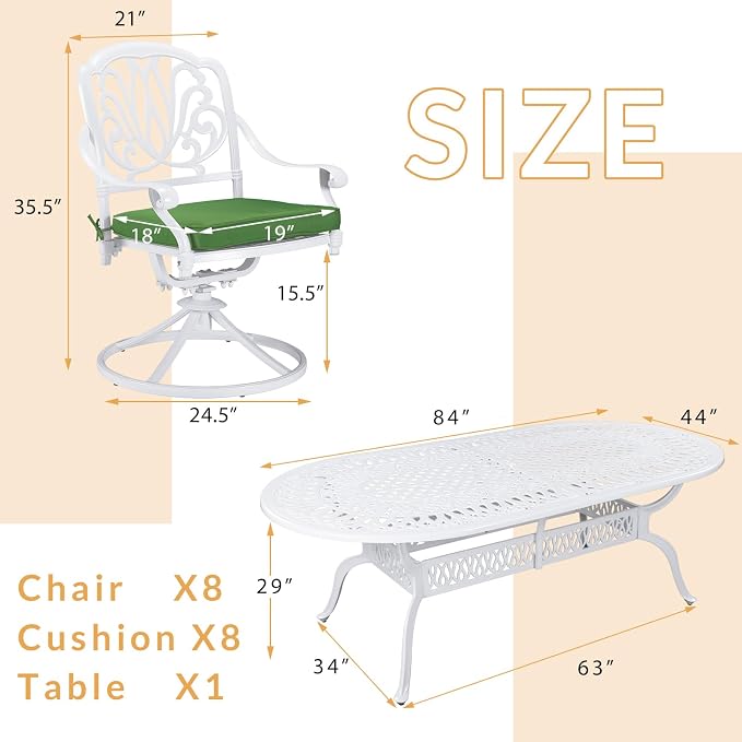 9-Piece Patio Dining Set, Outdoor Patio Table and Chair Set of 84” Oval Cast Aluminum Dining Table with Umbrella Hole, 8 Patio Dining Swivel Chairs Padded, Patio Funiture Set, White