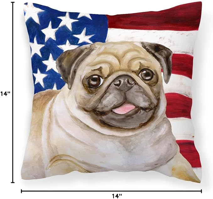 Caroline's Treasures BB9718PW1414 Fawn Pug Patriotic Fabric Decorative Pillow Machine Washable, Indoor Outdoor Decorative Pillow for Couch, Bed or Patio, 14Hx14W