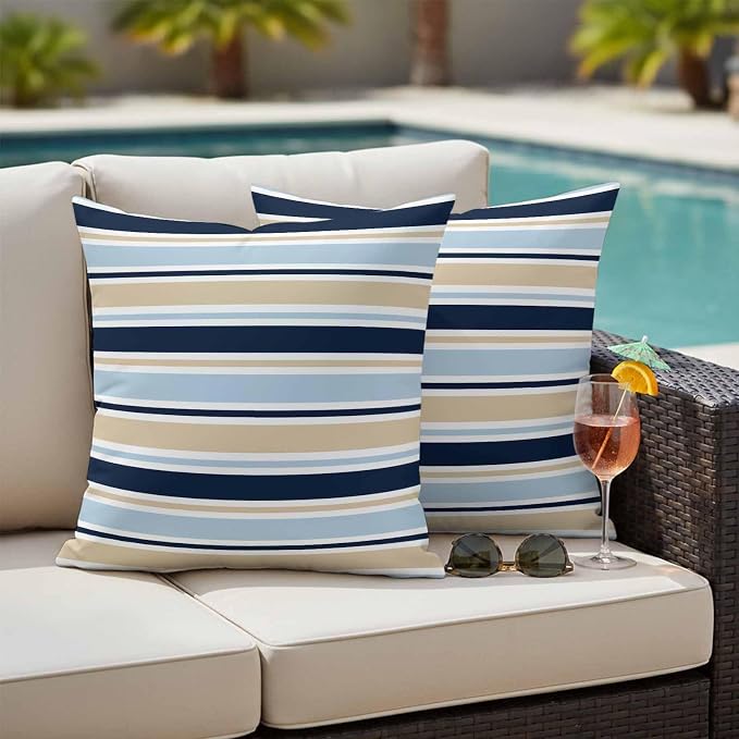 Navy Blue Khaki Striped Outdoor Pillow Cover 18x18 Inch Cushion Sham Case, Farmhouse Stripes Modern Abstract Art Waterproof Decorative Square Throw Pillowcase for Outside Garden Patio Porch Couch