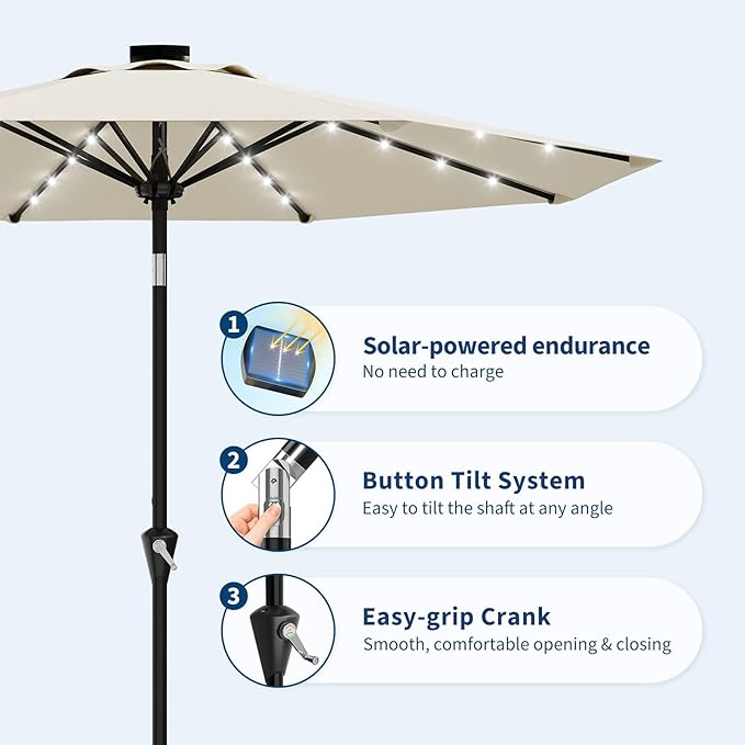 Garvee 9/10 FT Solar Patio Umbrella with 32 LED Lights - Outdoor Table Umbrella with Crank Lift, Push Button Tilt and 8 Sturdy Ribs - Market Umbrella UV Protection for Pool, Deck, Yard, Garden