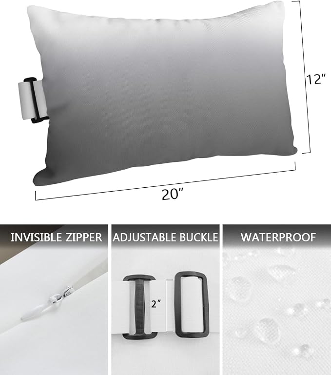Outdoor Pillows Covers with Inserts Gradient Grey Waterproof Recliner Pillow with Adjustable Strap Throw Pillows for Patio Furniture Pool Lounge Chair, 12x20 inch, 2PCS