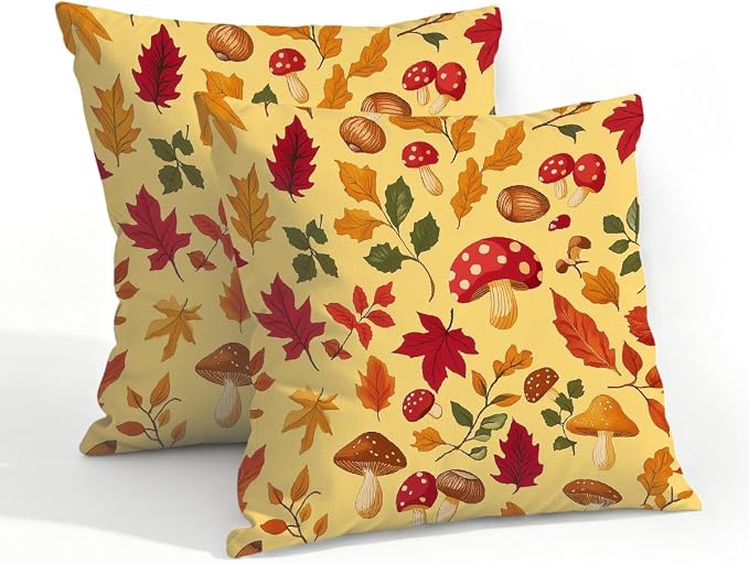 20x20 Inch Outdoor Pillow Covers Set of 2 Waterproof Throw Pillow Covers Decorative Couch Cushion Covers Mushrooms Leaves Fall Square Pillowcases Protectors for Patio Garden Sofa