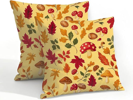 20x20 Inch Outdoor Pillow Covers Set of 2 Waterproof Throw Pillow Covers Decorative Couch Cushion Covers Mushrooms Leaves Fall Square Pillowcases Protectors for Patio Garden Sofa