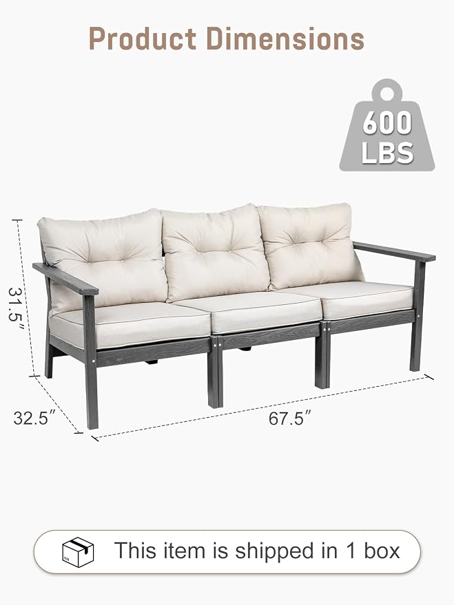 3 Seat HDPE Patio Sofa, Outdoor Couch with Thick Cushions, Patio Furniture | Water-Resistant Thick Cushion, HDPE All Weather, Wood-Grain, No Rot or Rust or Crack, UV Fade Shield, Easy-Clean for Outside