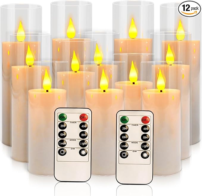 12-Pack White Acrylic Flameless LED Candle Set with Timer Remote Control—Ideal for Home Decor, Valentine's Day, Weddings, and Holiday Celebrations.