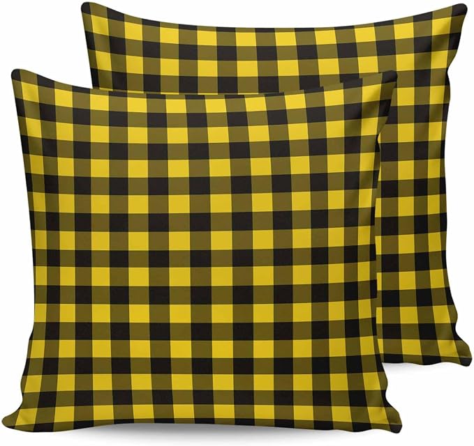 Outdoor Waterproof Throw Pillow Covers Set of 2 Yellow Buffalo Plaid Pillowcases 16x16 Inches Pastoral Black Checked Decorative Pillows Cushion Case Patio Pillows for Couch Bed Chair Garden