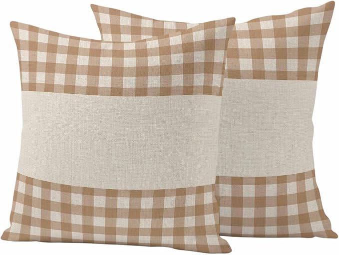 Retro Brown Outdoor Waterproof Pillow Covers, Farmhouse Buffalo Plaid Vintage Beige Decorative Square Throw Pillowcase Sofa Cushion Sham for Patio/Couch/Chair, 18"x18" 2 Pack