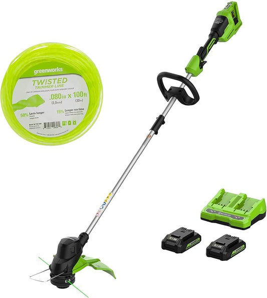 Greenworks 48V (2 x 24V) 15” TORQDRIVE String Trimmer, 0.080" Trimmer Line, (2) 2Ah USB Batteries and Dual Port Charger