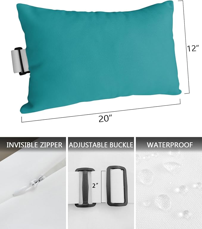 Outdoor Pillows Covers with Inserts Pure Teal Green Solid Color Waterproof Recliner Pillow with Adjustable Strap Throw Pillows for Patio Furniture Pool Lounge Chair, 12x20 inch, 1PCS
