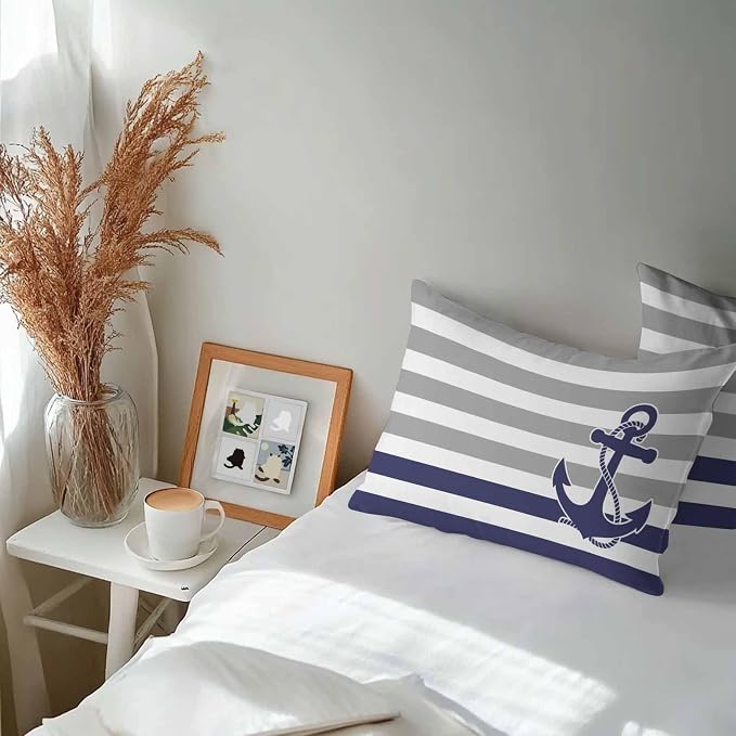 Lumbar Pillow Covers 20x12 Inch Set of 2, Anchor Gray Waterproof Outdoor Cushion Covers, Modern Navy Blue White Striped Nautical Decorative Pillowcases for Couch, Sofa, Bed, Garden, Patio
