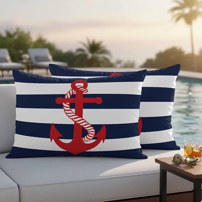 Nautical Anchor Outdoor Waterproof Throw Pillow Covers Set of 2, 20"x12", Coastal Navy Blue Stripe Decorative Pillow Covers Outside Cushion Case for Patio Porch Garden