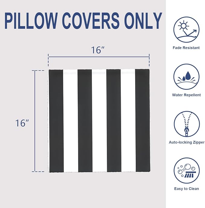 Outdoor 16x16 Inch Throw Pillow Covers Set of 2, All Weather Square Pillow Cases, Covers ONLY, Patio Cushion Pillow of Home Furniture Use, Cabana Black