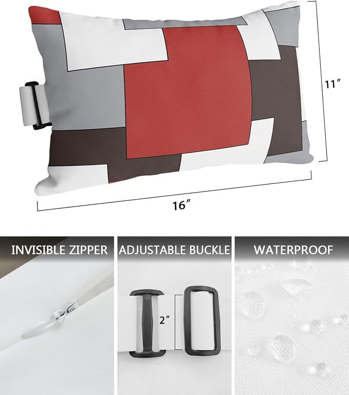 Outdoor Pillows Covers with Inserts Mid Century Absrtact Geometric Red Gery Brown Waterproof Recliner Pillow with Adjustable Strap Throw Pillows for Patio Furniture Pool Lounge Chair, 11x16 inch, 2PCS