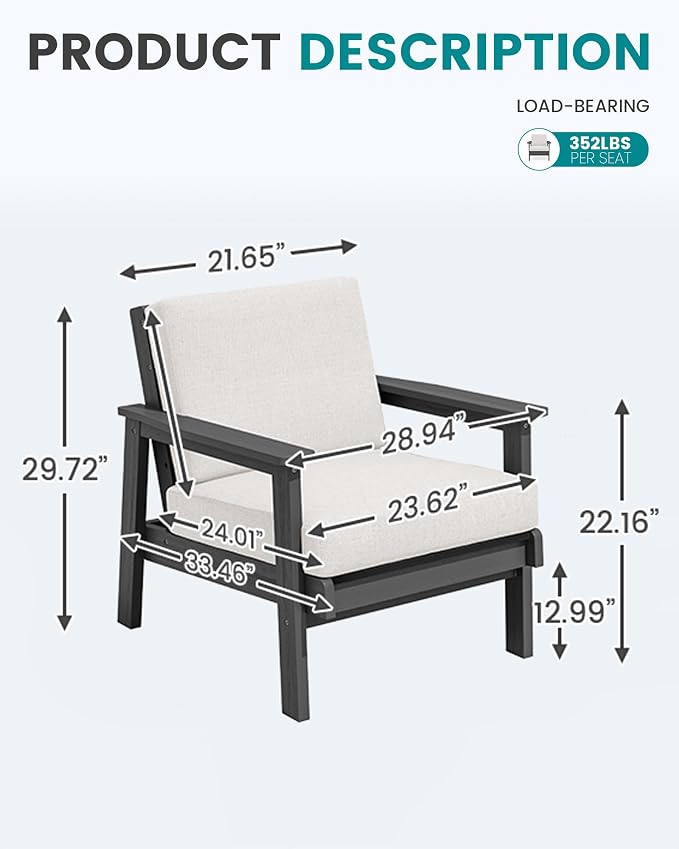SERWALL Patio Furniture Set with 33” Fire Pit Table, HDPE Outdoor Sectional Sofa Set with Thickened Cushions, Grey Frame with Khaki Cushions