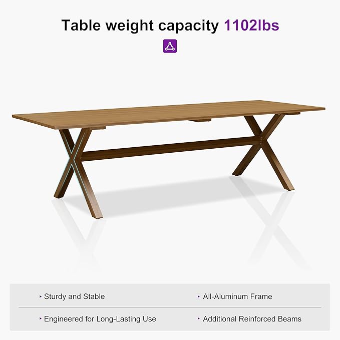 PURPLE LEAF Outdoor Dining Set with Waterproof Furniture Cover 11-Piece All-Weather Patio Set for 10 with Woodgrain Aluminum Table Rope Weave Chairs and Cushions, Teak