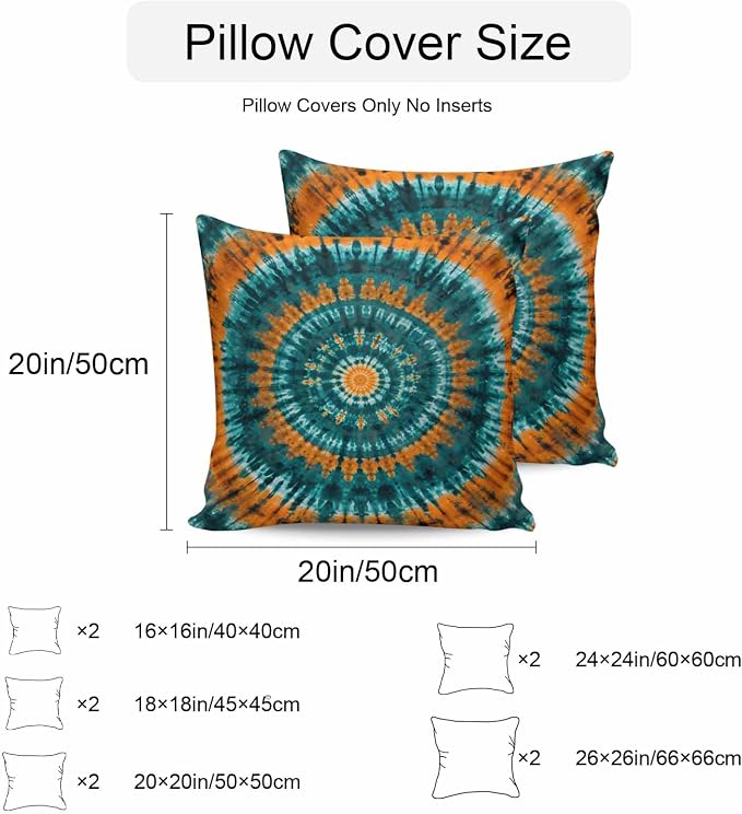 Vandarllin Outdoor Throw Pillows Covers 20x20 inch Set of 2 Waterproof Turquoise Orange Tie-Dye Art Decorative Zippered Cushion Covers for Patio Furniture, Abstract Boho Tribe Lumbar Pillowcases