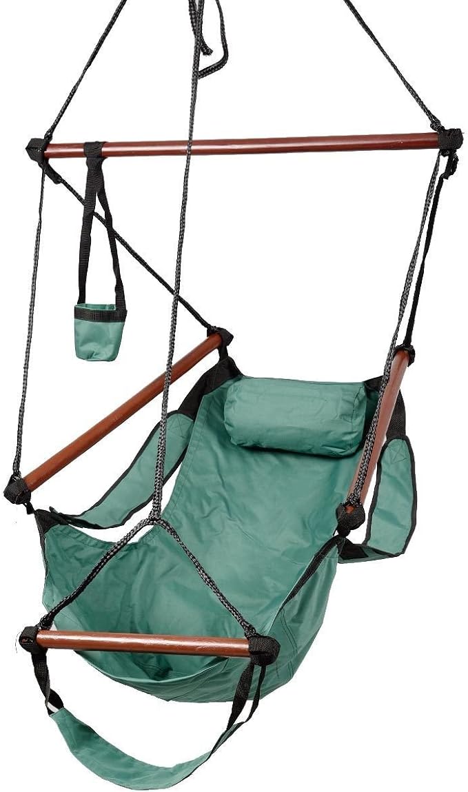 HPD Hammock Hanging Chair Air Deluxe Sky Swing Chair Solid Wood 250lb Outdoor Indoor (Green)