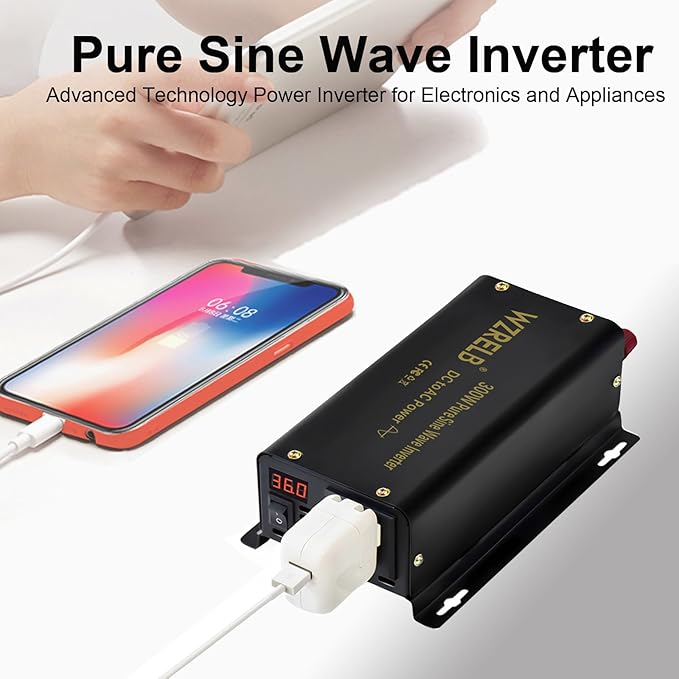 WZRELB 300W Pure Sine Wave Inverter 600W Peak DC 24V to 110V AC Power Converter Off Grid LED Display with Remote Controller
