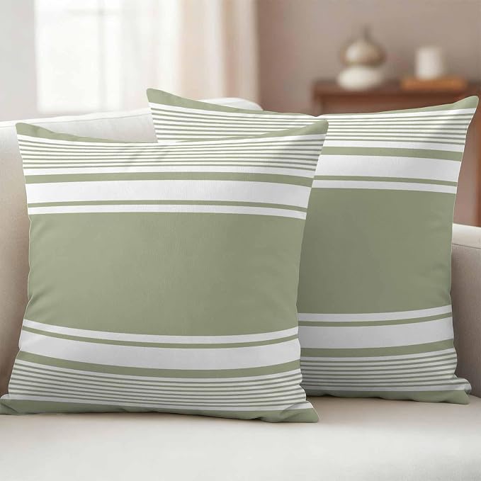 Outdoor Waterproof Throw Pillow Covers, Sage Green Striped Decorative Pillow Cases, Modern Color Block Farmhouse Stripes Couch Pillow Protector Patio Sofa Cushion Covers Replacement 20"x20" 2 Pack