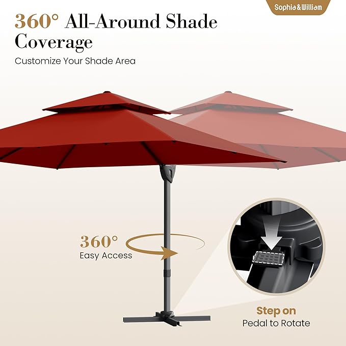 Sophia & William Cantilever Patio Umbrella 12ft, Offset Large Outdoor Umbrellas with 360°Rotation, Heavy Duty Hydraulic Double Umbrella for Garden Pool Backyard, Red (no base)
