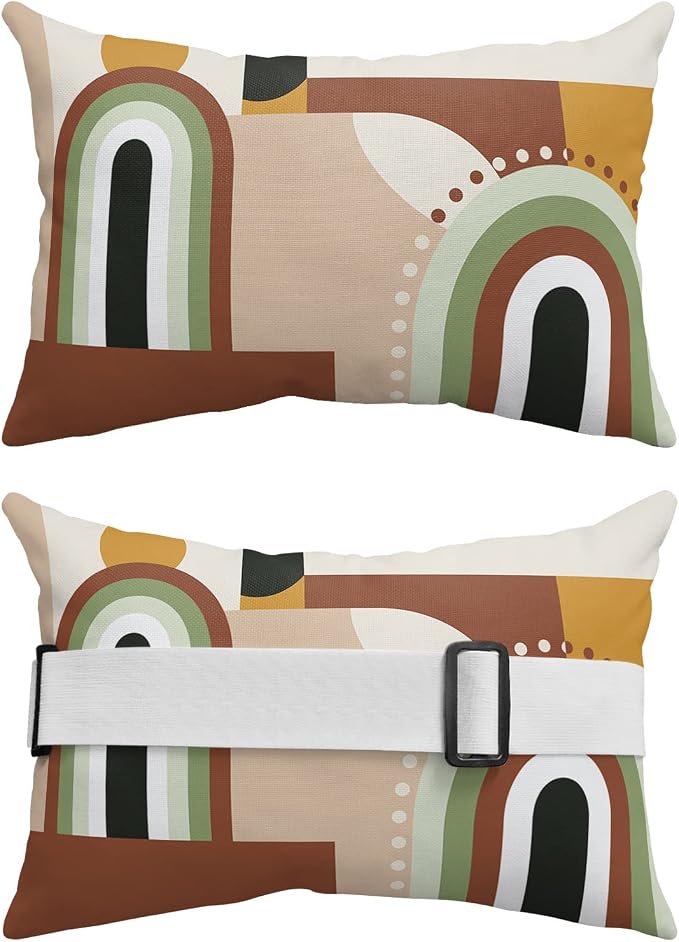 Chaise Lounge Head Resting Pillows Mid-Century Modern Art Geometric Abstract Brown Beige Outdoor Pillows Waterproof Patio Furniture Pillow with Adjustable Elastic Stripe for Recliner Beach Chairs