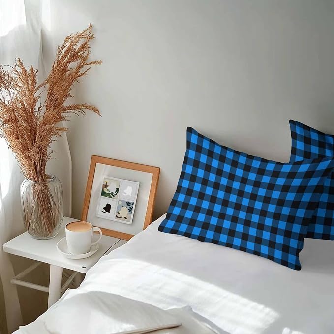 Outdoor Waterproof Throw Pillow Covers Set of 2 Buffalo Plaid Lumbar Pillowcases 20x12 Inches Pastoral Blue Black Checked Decorative Pillows Cushion Case Patio Pillows for Couch Bed Chair Garden