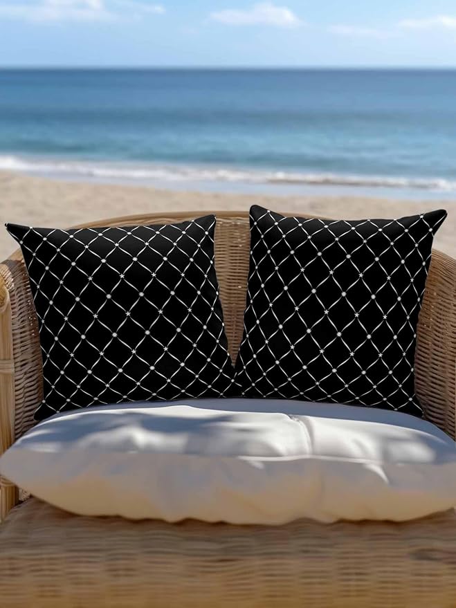 Waterproof Outdoor Pillow 1 Pack Black Grid Plaid Decorative Throw Pillows Cover & Insert 18x18 Inch Pillowcase Diagonally Crossed Lines Pillows for Couch Sofa Bed Patio Furniture Indoor Outdoor