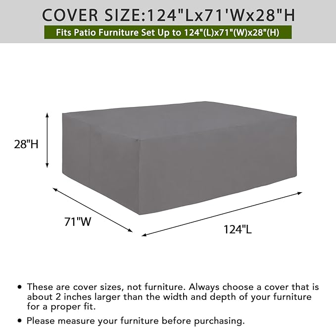 Easy-Going 600D Heavy Duty Patio Furniture Cover, Outdoor Rectangular Table and Chair Set, Waterproof Sectional Set (124"L x 71"W x 28"H, Grey)