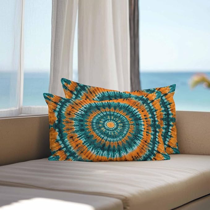 Vandarllin Outdoor Throw Pillows Covers 20x12 inch Set of 2 Waterproof Turquoise Orange Tie-Dye Art Decorative Zippered Cushion Covers for Patio Furniture, Abstract Boho Tribe Lumbar Pillowcases